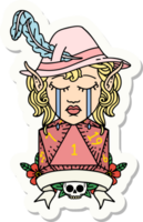 sticker of a crying elf bard character with natural one D20 roll png