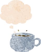 cartoon hot cup of coffee with thought bubble in grunge distressed retro textured style png