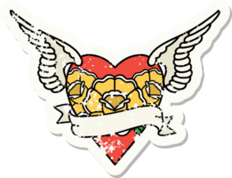 Distressed Sticker Tattoo im traditionellen Stil des Herzens mit Flügeln, Blumen und Banner png
