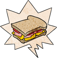 tecknad serie skinka ost tomat smörgås med Tal bubbla i retro textur stil png