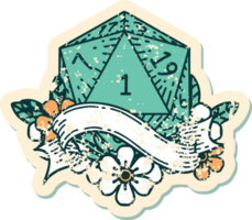 Retro Tattoo Style natural one d20 dice roll png