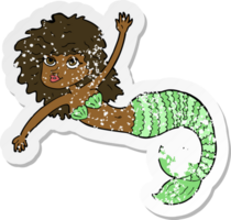 retro distressed sticker of a cartoon pretty mermaid waving png