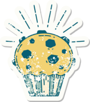 worn old sticker of a tattoo style chocolate muffin png