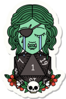 sticker of a crying half orc rogue character with natural one D20 roll png