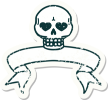 worn old sticker with banner of a skull png