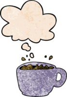 cartoon coffee cup with thought bubble in grunge texture style png