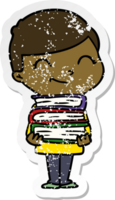distressed sticker of a cartoon boy with books smiling png