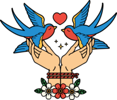 tattoo in traditional style of tied hands and swallows png