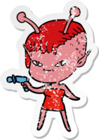 distressed sticker of a cute cartoon alien girl png