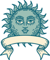 traditional tattoo with banner of a sun with face png