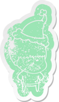 nervous quirky cartoon distressed sticker of a boy wearing santa hat png