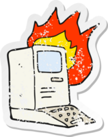 retro distressed sticker of a cartoon old computer on fire png