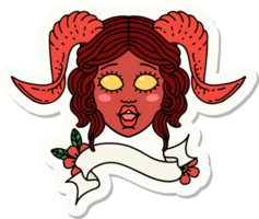 sticker of a tiefling character face with scroll banner png