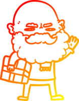 warm gradient line drawing of a cartoon man with beard frowning with xmas gift png