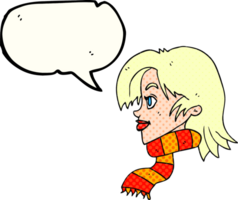 hand drawn comic book speech bubble cartoon woman wearing scarf png