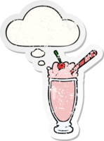 cartoon milkshake with thought bubble as a distressed worn sticker png