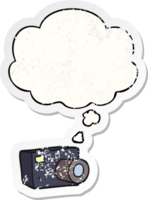 cartoon camera with thought bubble as a distressed worn sticker png