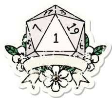 adesivo grunge de um rolo de dados natural de um d20 png