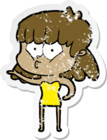 distressed sticker of a cartoon whistling girl png