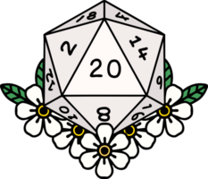 Retro Tattoo Style natural 20 D20 dice roll with floral elements png