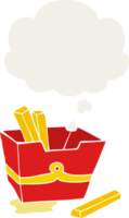 cartoon box of fries with thought bubble in retro style png