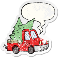 cartoon pickup truck carrying christmas trees with speech bubble distressed distressed old sticker png