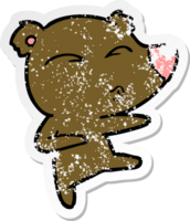 distressed sticker of a cartoon whistling bear png