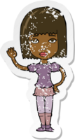 retro distressed sticker of a cartoon woman waving png