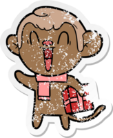 distressed sticker of a cartoon laughing monkey png