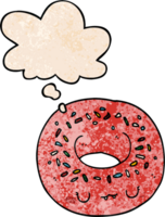 dibujos animados rosquilla con pensamiento burbuja en grunge textura estilo png