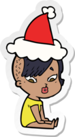 hand drawn sticker cartoon of a surprised girl wearing santa hat png