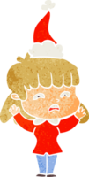 hand drawn retro cartoon of a worried woman wearing santa hat png