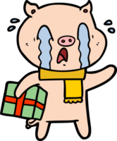dessin animé de cochon qui pleure offrant un cadeau de noël png