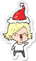 hand drawn distressed sticker cartoon of a happy woman wearing santa hat png