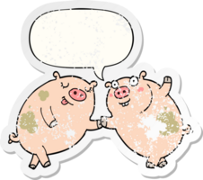 cartoon pigs dancing with speech bubble distressed distressed old sticker png