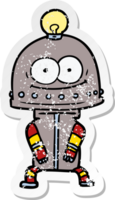 distressed sticker of a happy carton robot with light bulb png