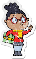 distressed sticker of a cartoon woman wearing glasses png