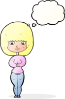 cartone animato timido donna con pensato bolla png