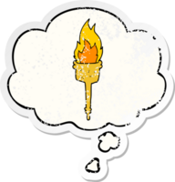 cartoon flaming torch with thought bubble as a distressed worn sticker png