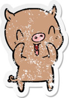 distressed sticker of a happy cartoon pig png