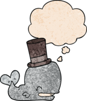 cartoon whale wearing top hat with thought bubble in grunge texture style png