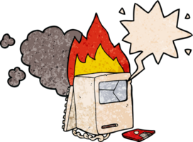 cartoon broken computer with speech bubble in retro texture style png