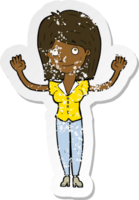 retro distressed sticker of a cartoon woman holding up hands png