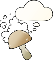 cartoon mushroom with spore cloud with thought bubble in smooth gradient style png