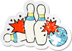 retro noodlijdende sticker van een cartoon bowlingbal en kegelen png