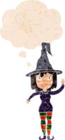 cartoon witch with thought bubble in grunge distressed retro textured style png