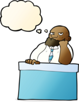 cartoon bored man at desk with thought bubble png