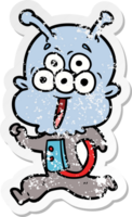 distressed sticker of a happy cartoon alien running png