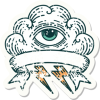 worn old sticker with banner of an all seeing eye cloud png