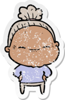 distressed sticker of a cartoon peaceful old woman png
